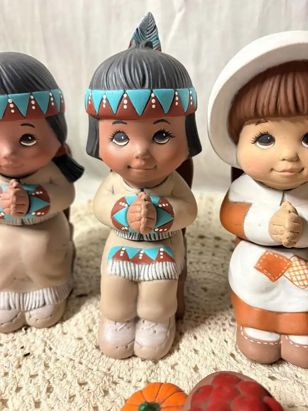 Vintage Thanksgiving Ceramic Figurine Set Pilgrim and Native American Children